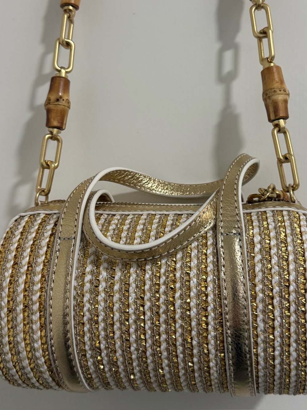 NEW Eric Javits Gold and White Woven Mini Shoulder Bag with 3 handle options